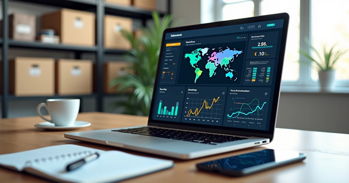 Mesa de escritório com laptop aberto mostrando sistema TMS e gráficos de logística digitais 