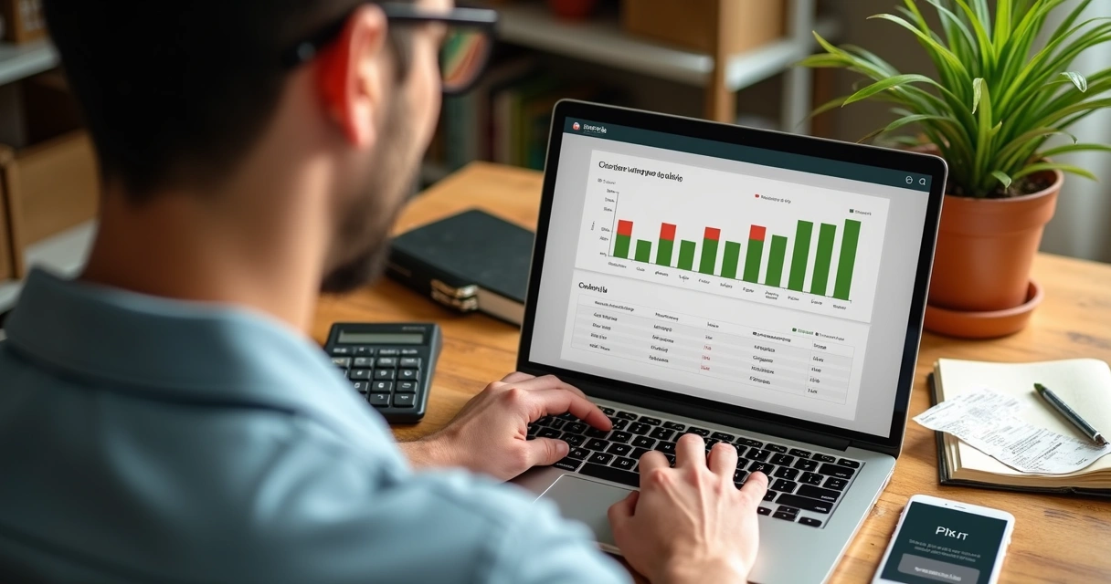 Pessoa organiza fluxo de caixa no laptop 