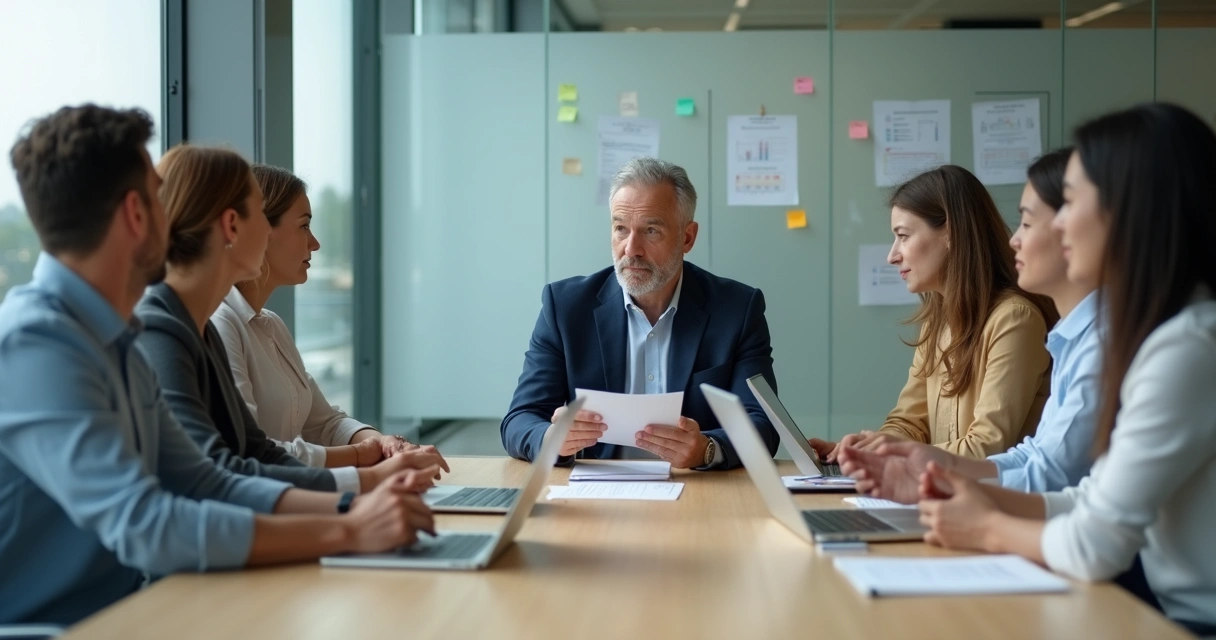 Gestor conduz reunião calma com equipe em sala de escritório moderna 