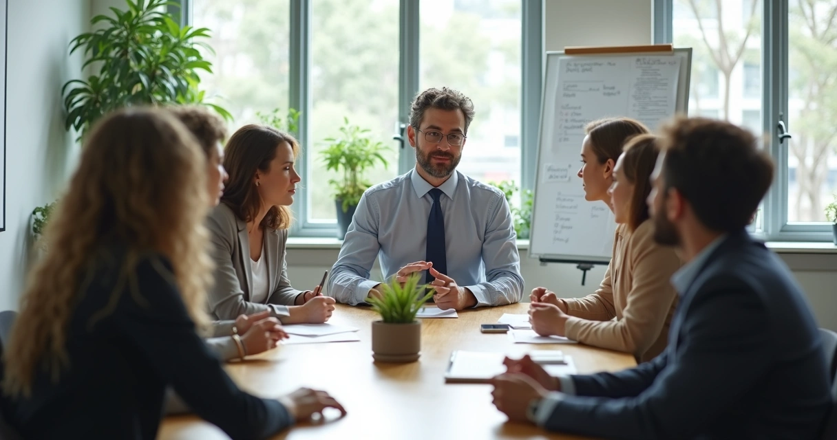 Gestor em torno de mesa conduzindo reunião de equipe de modo tranquilo e atento. 