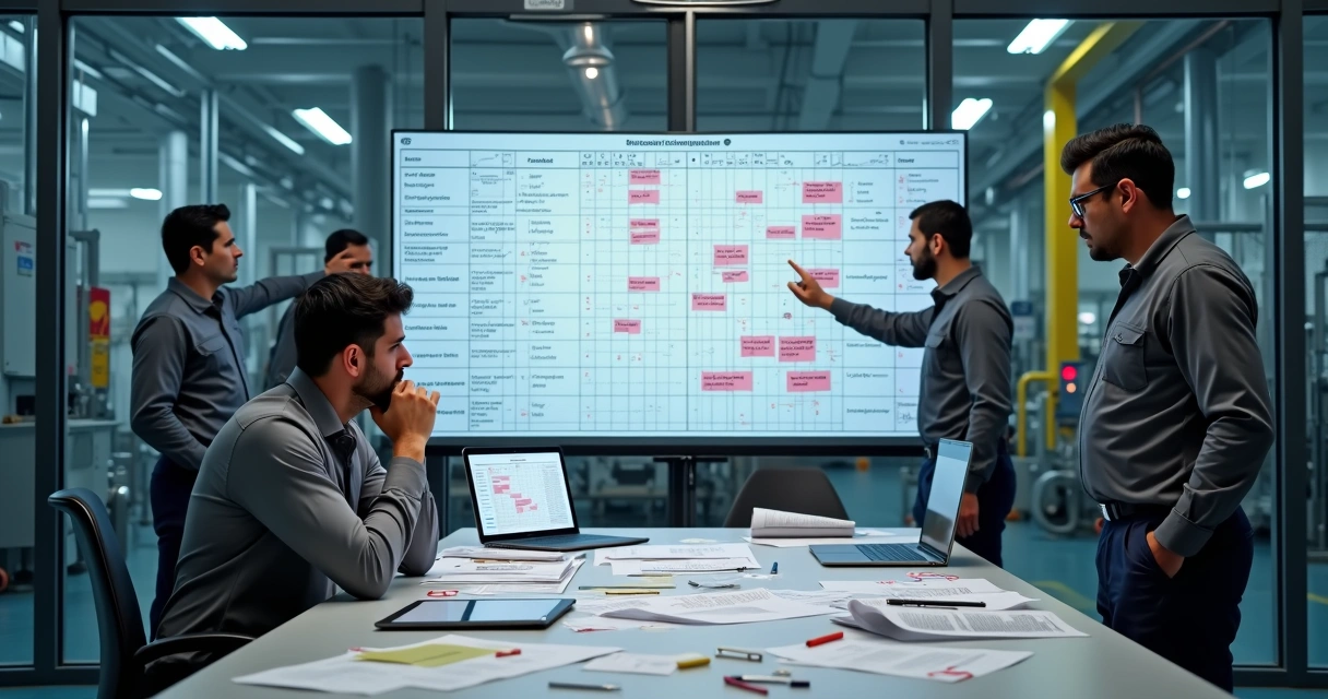 Gestor de manutenção frustrado analisando plano de ação com falhas na indústria 