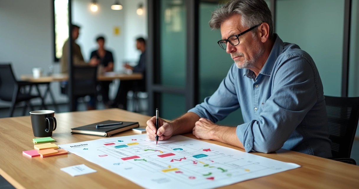 Gestor de PME analisando mapa da jornada do cliente em mesa de escritório 