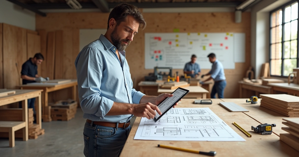 Empresário de marcenaria observando planta de móveis sob medida sobre bancada de produção 