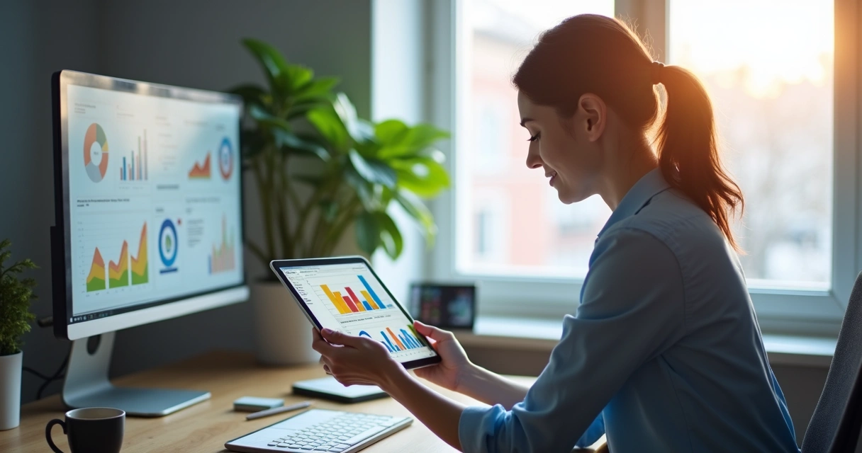 Profissional de marketing analisando gráficos em tablet