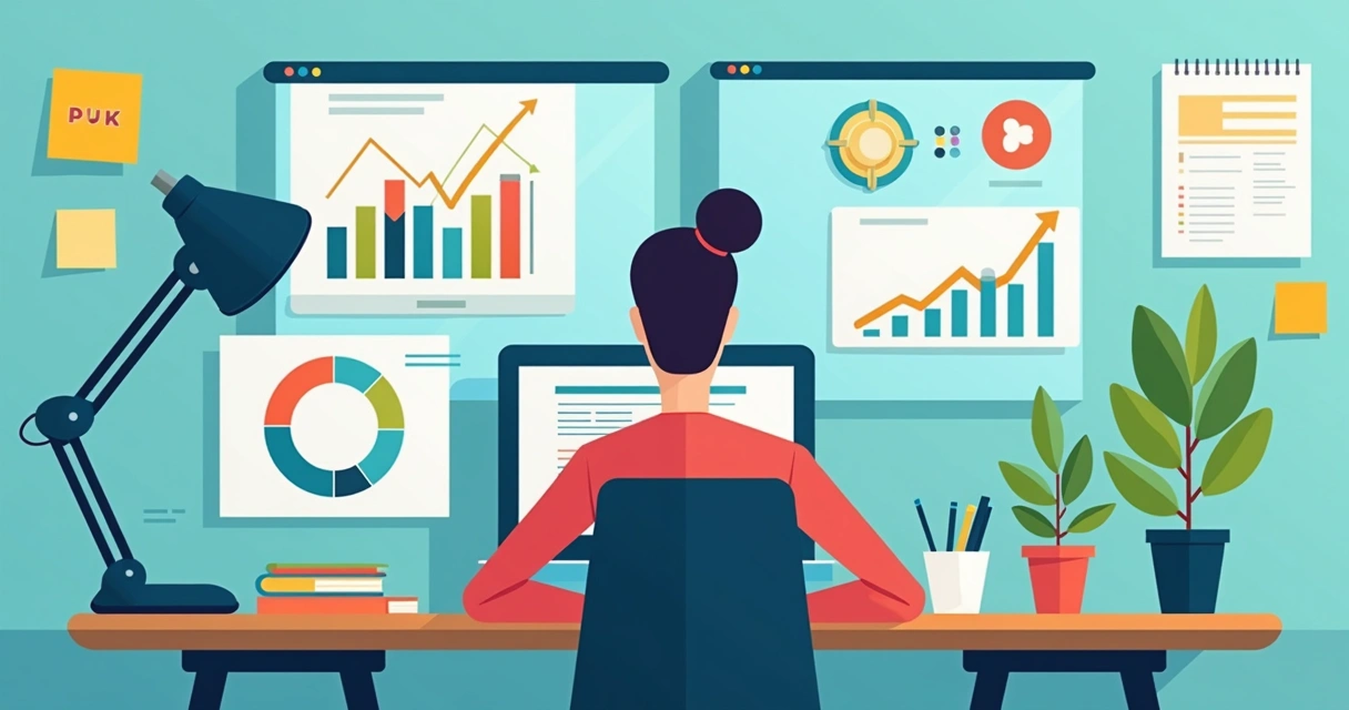 Gestor de marketing avaliando ferramentas digitais em vários dispositivos 