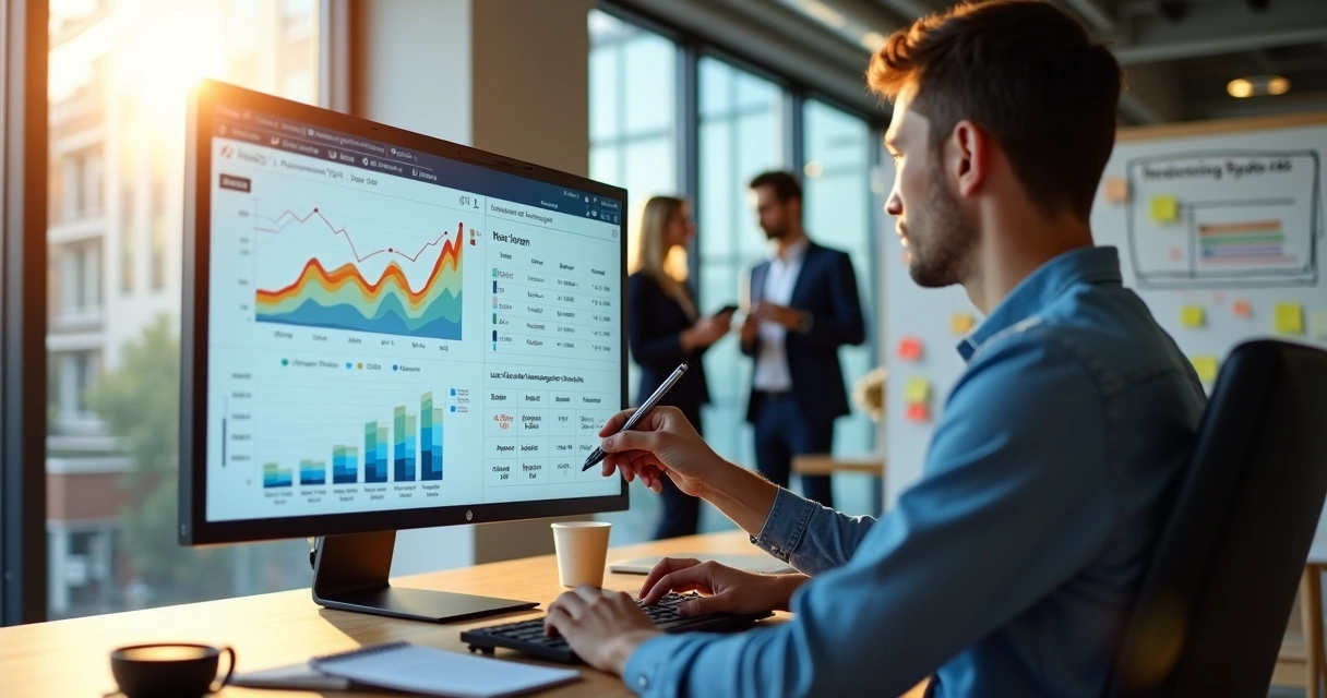 Gestor de marketing analisando previsibilidade de clientes em um painel digital 