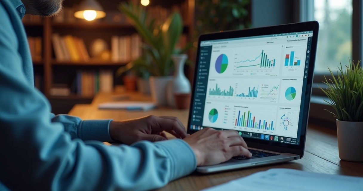 Gestor sentado com laptop analisando planilha financeira e gráficos de lucro em marketplace