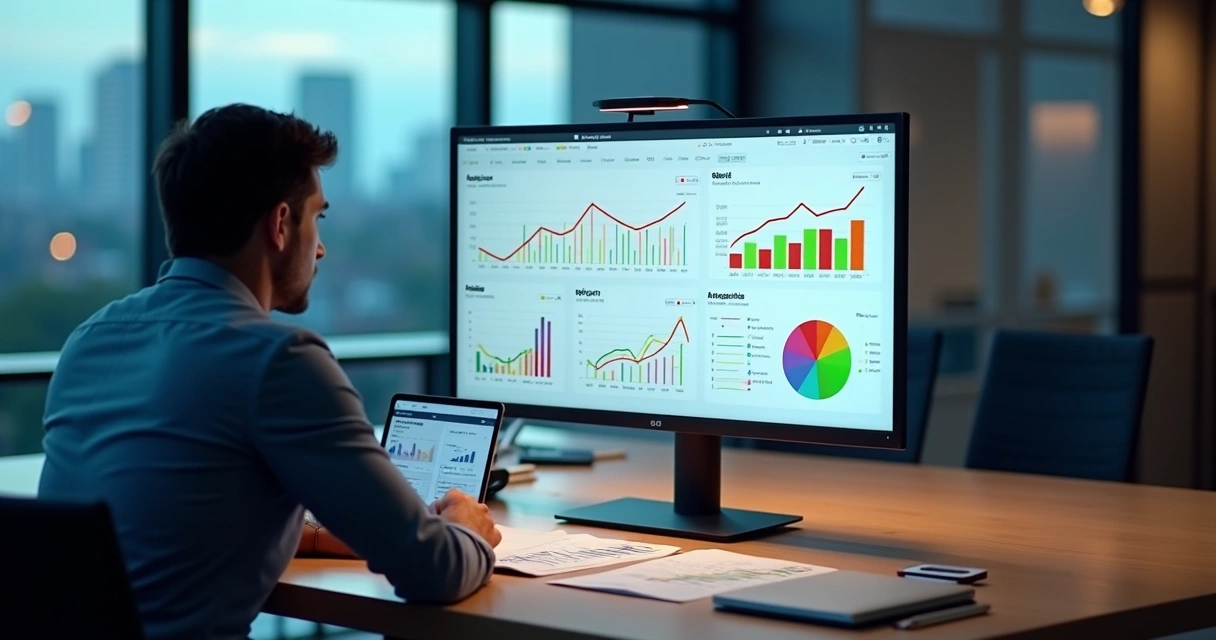Gestor analisando dashboards de dados coloridos em tela wide em escritório moderno 
