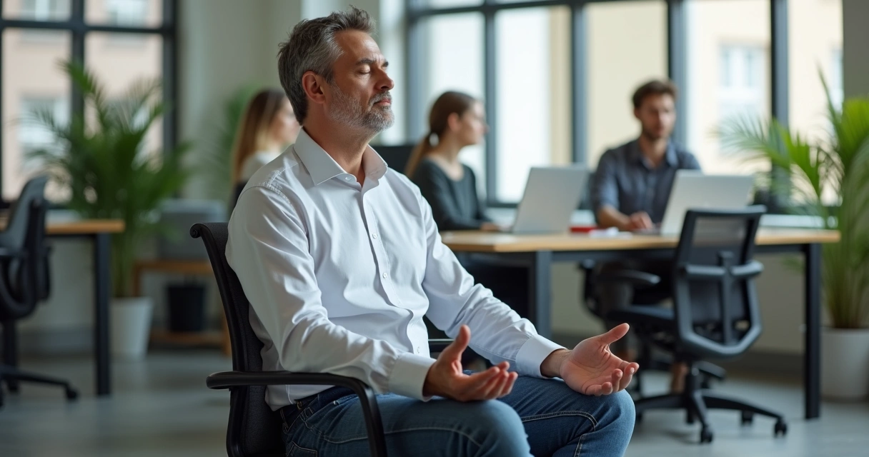 Gestor meditando sentado em cadeira de escritório