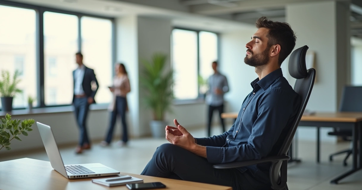 Gestor sentado em cadeira de escritório praticando meditação ativa durante o trabalho 
