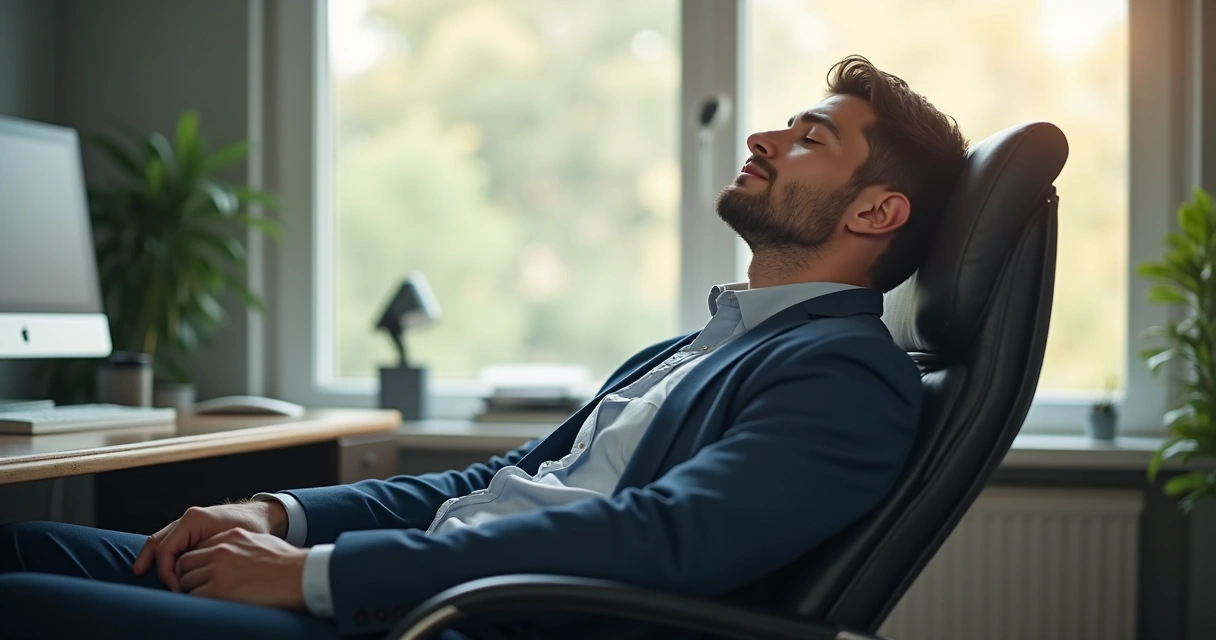Gestor sentado em cadeira de escritório, olhos fechados, mãos apoiadas nas coxas, ambiente de trabalho ao fundo