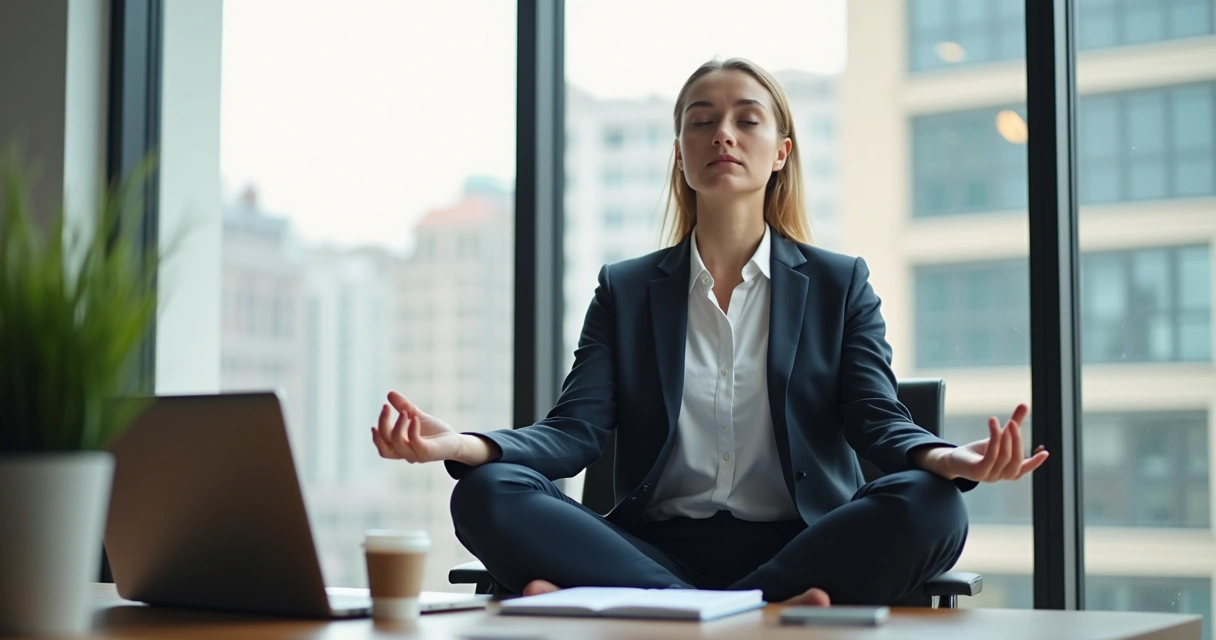 Gestor sentado em cadeira de escritório meditando com olhos fechados 