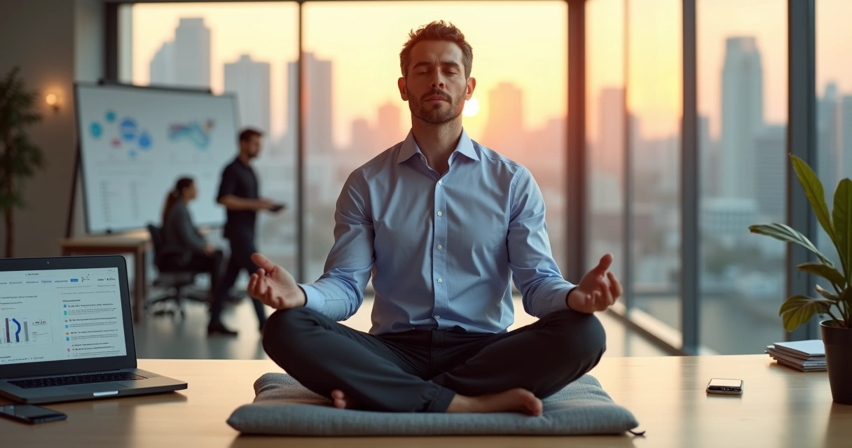 Gestor meditando em posição de lótus em um escritório moderno com notebook aberto 