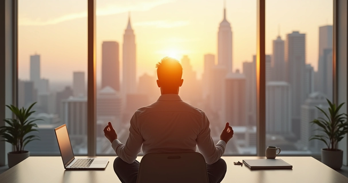 Gestor sentado meditando em cadeira de escritório moderna 