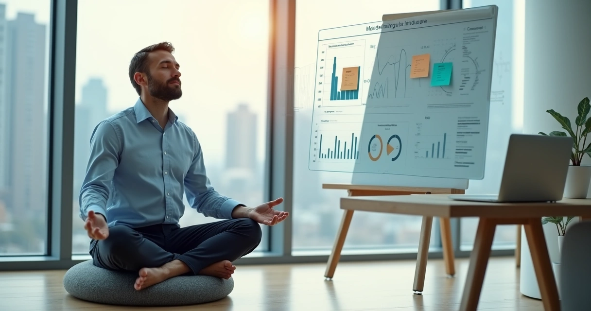 Gestor meditando em posição de lótus em escritório moderno com telas de dados ao fundo 