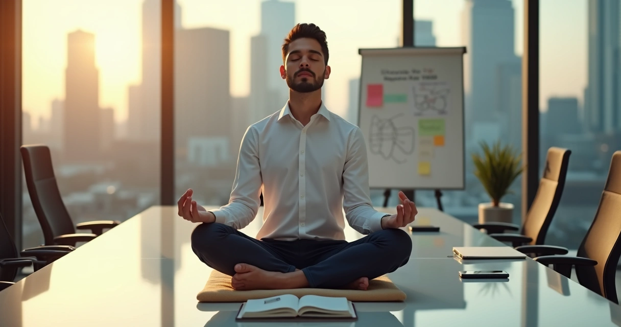 Gestor sentado em postura de meditação em sala de reunião moderna 