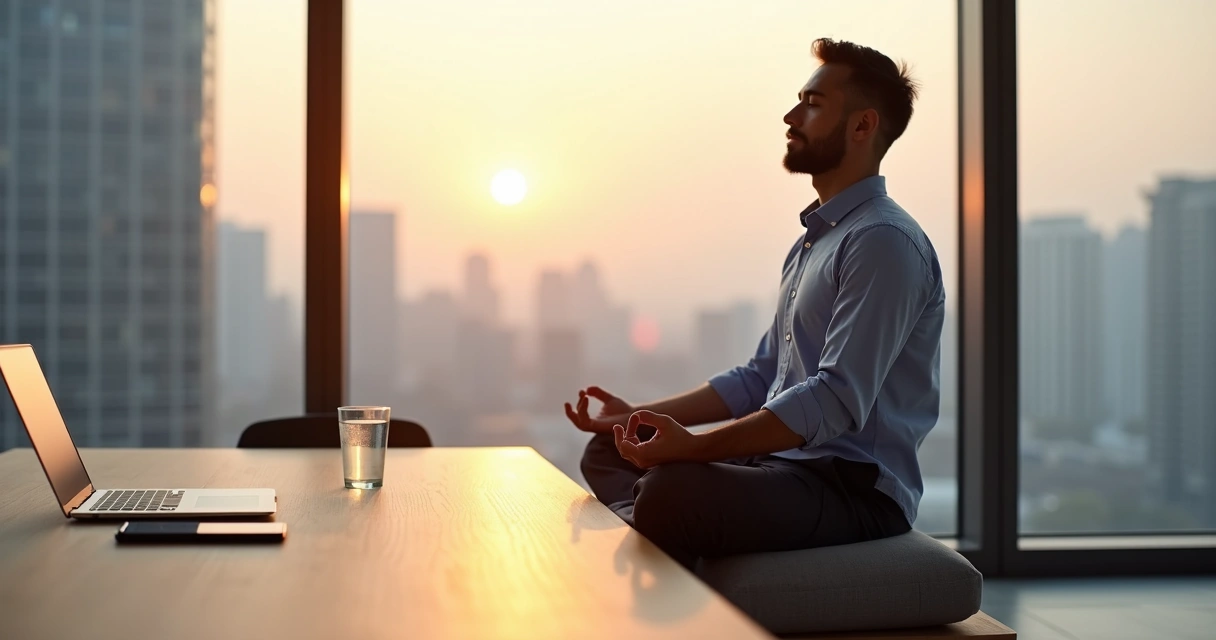 Gestor meditando em posição de lótus em sala de reunião moderna 