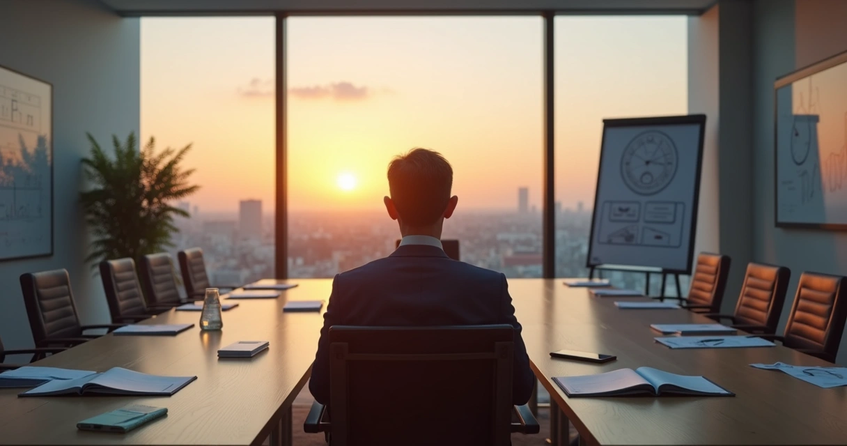 Gestor em meditação em sala de reunião vazia com vista para a cidade 