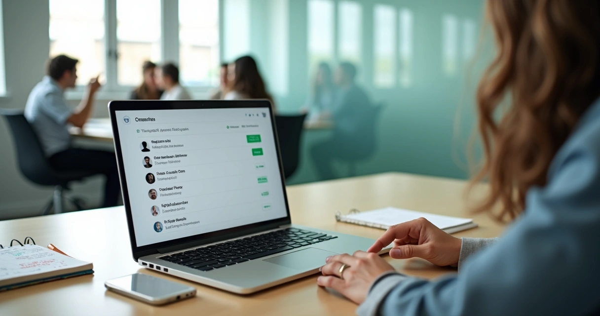 Gestor analisando lista de membros inativos em app de mensagens no notebook 