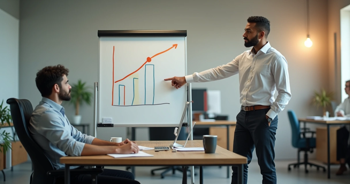 Gestor em pé apontando caminho em gráfico enquanto funcionário sentado olha relutante para a tela 