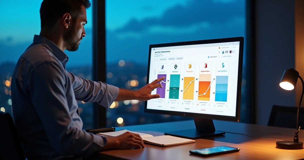 Gestor de PME analisando painel de Meta Ads com funil de leads B2B na tela 