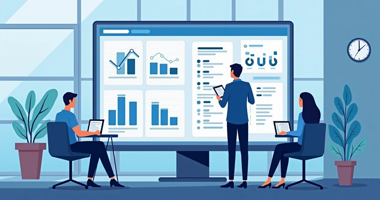 Gestor metódico revisando informações em catálogo digital B2B 