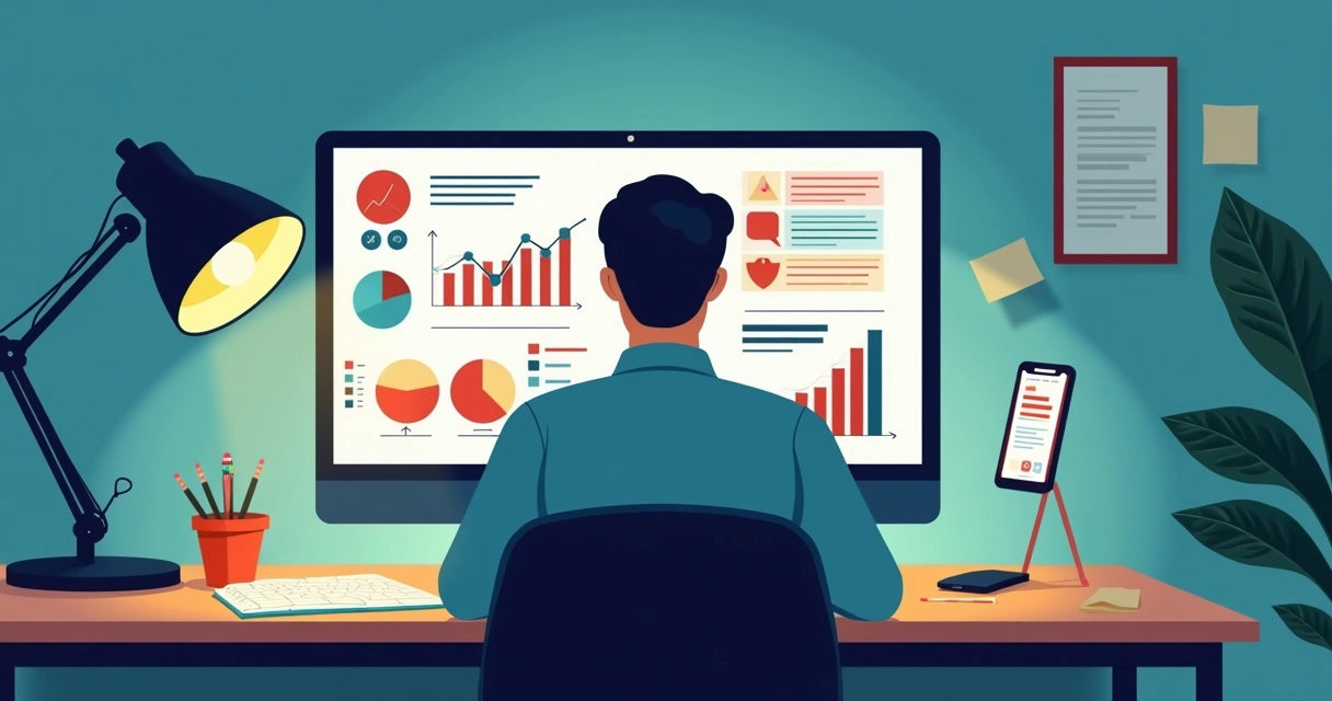 Profissional analisa gráficos de redes sociais em monitor em mesa de trabalho 