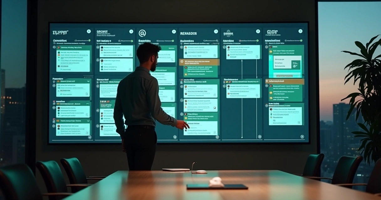 Gestor moderando múltiplos grupos de WhatsApp em grande tela digital 