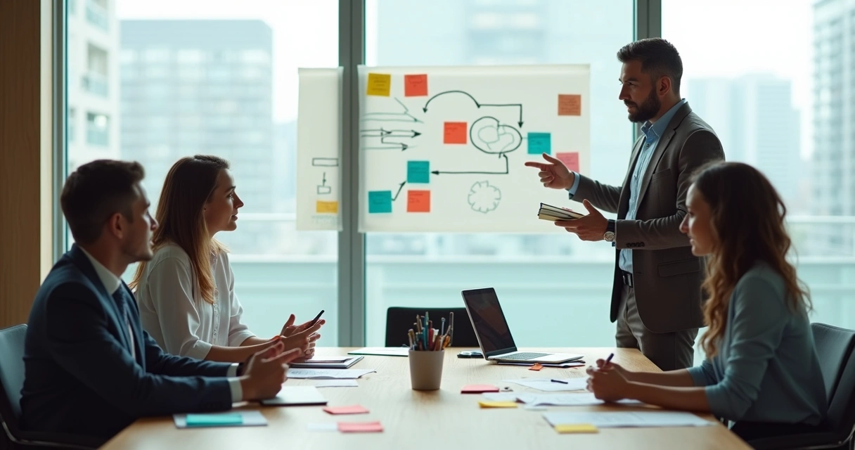 Gestor moderno coordenando equipe em ambiente colaborativo 