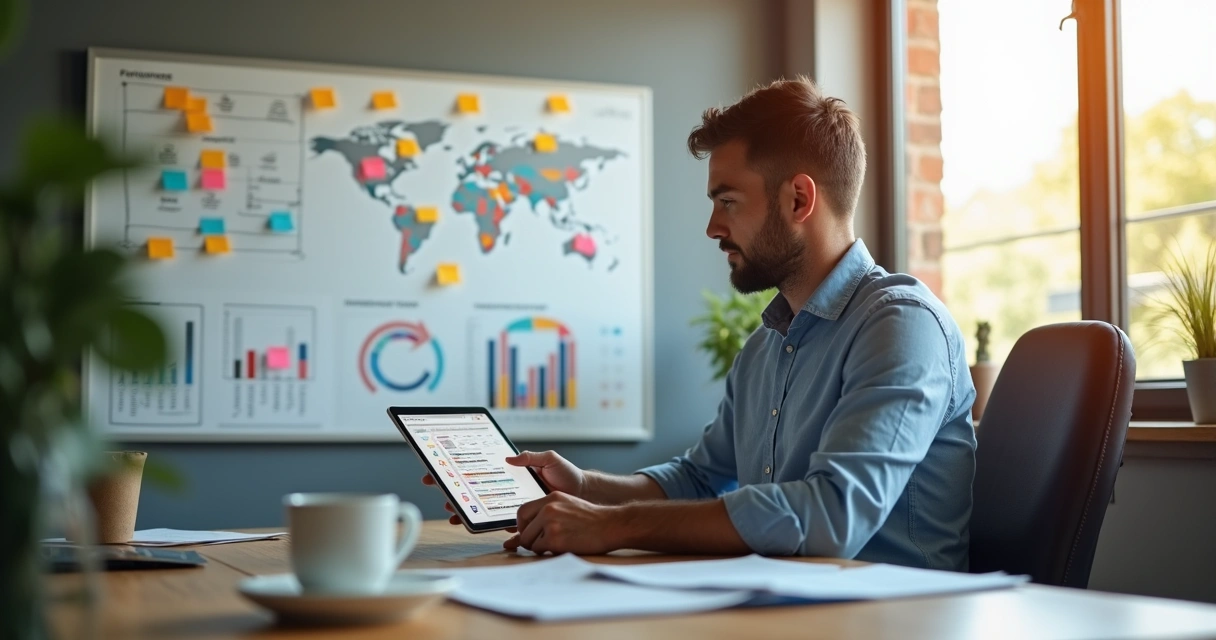 Gestor analisando dados de saúde e segurança do trabalho em tablet