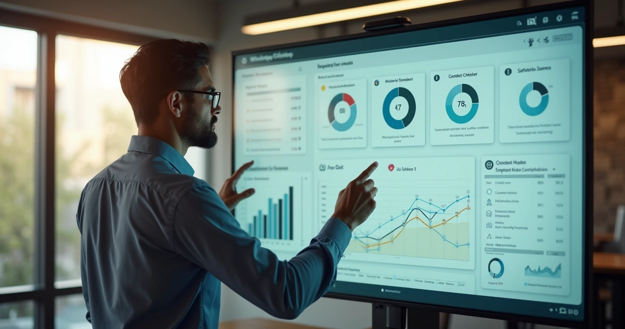 Gestor avaliando relatórios de chatbot em monitor grande 