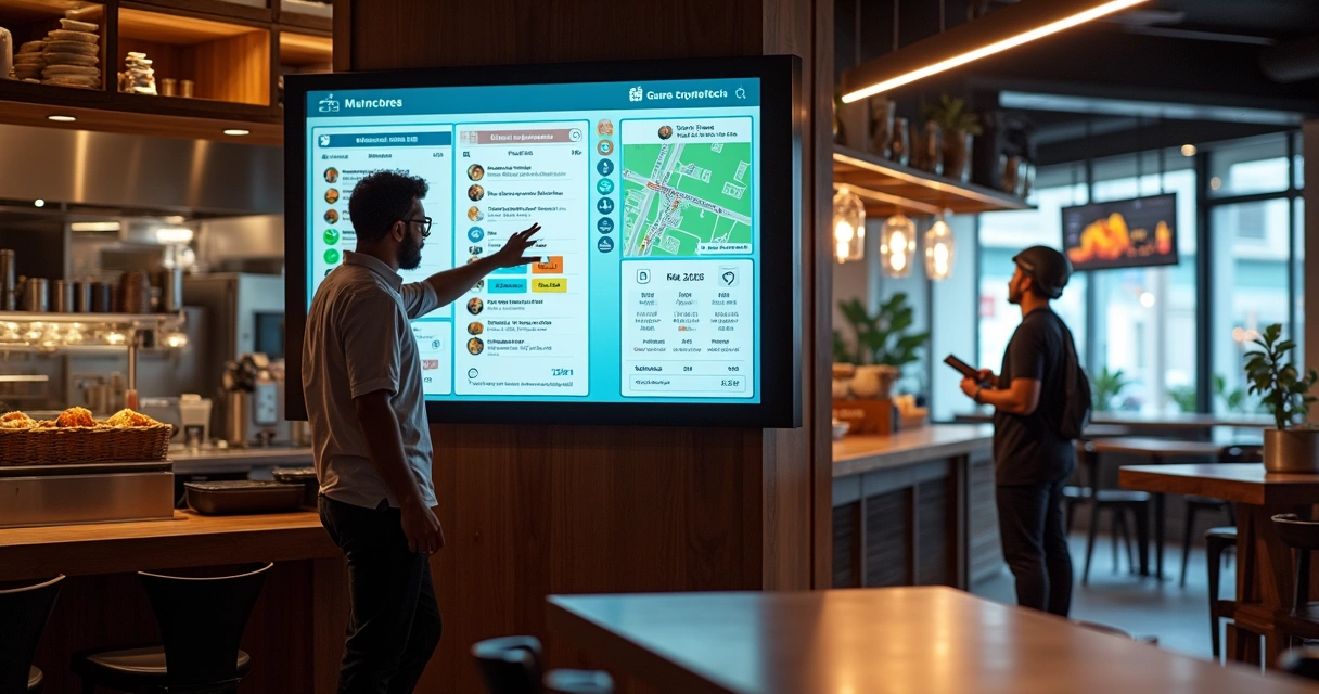 Gestor de restaurante monitorando pedidos de delivery e salão em painel digital 