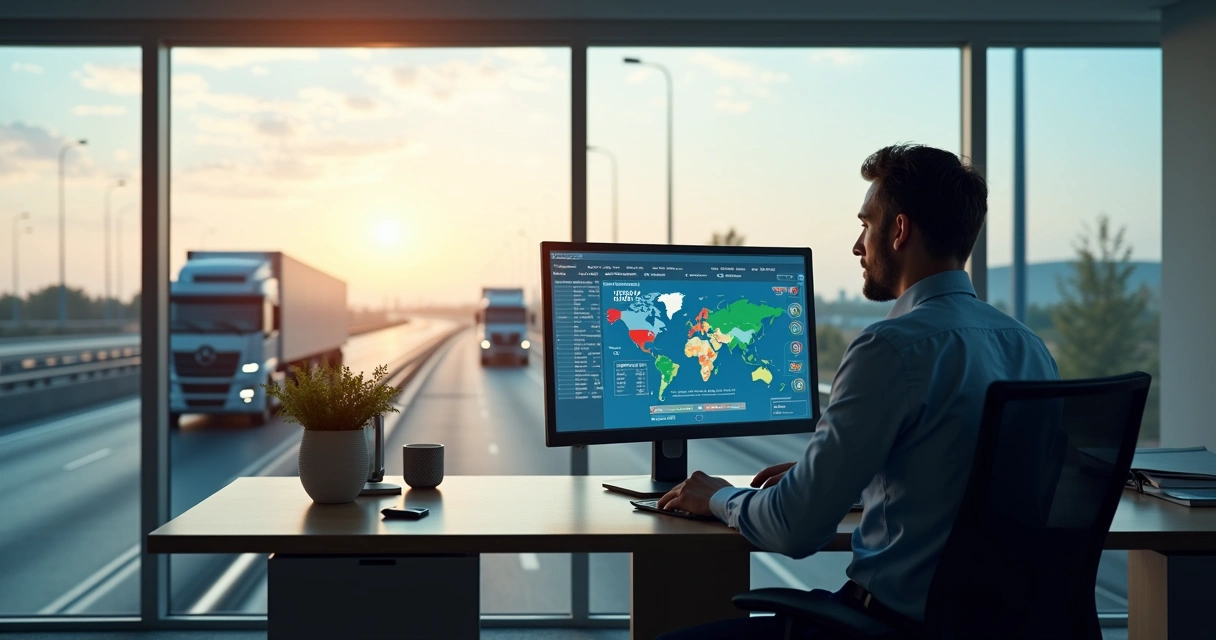 Gestor de frota acompanhando monitoramento digital de rotas na tela do computador 