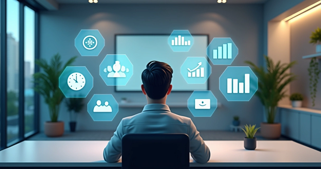 Gestor em ambiente de escritório analisando indicadores de clima organizacional em telas digitais coloridas 