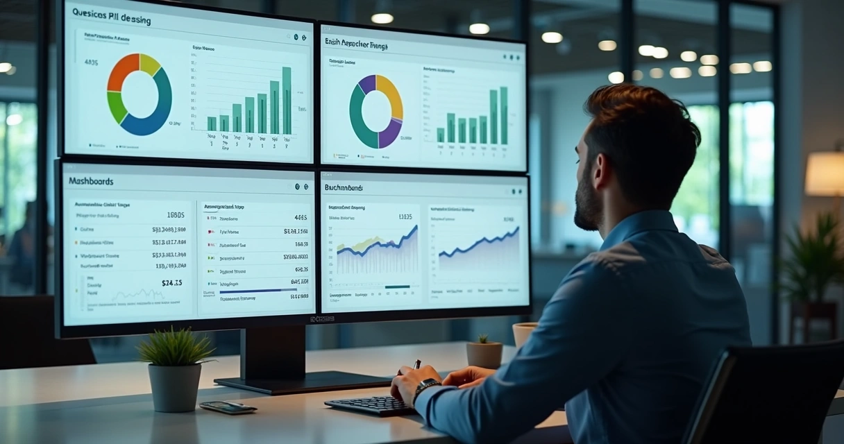 Gestor acompanhando indicadores em tela de computador com dashboards 