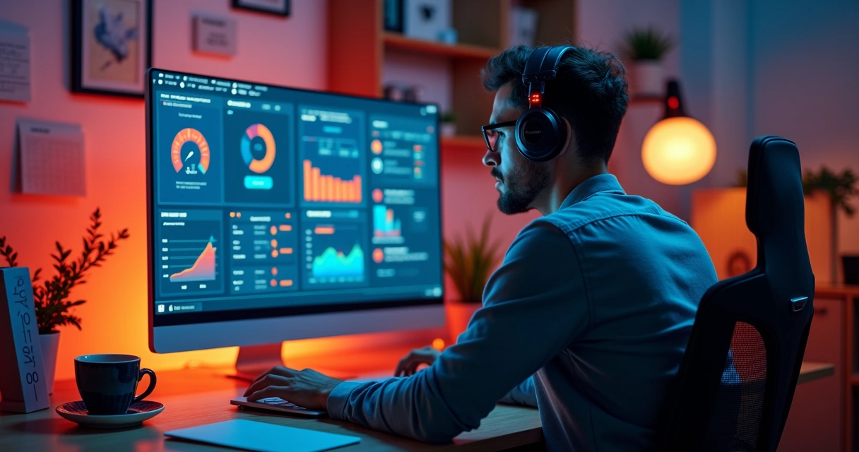 Gestor analisando gráficos de desempenho em monitor 