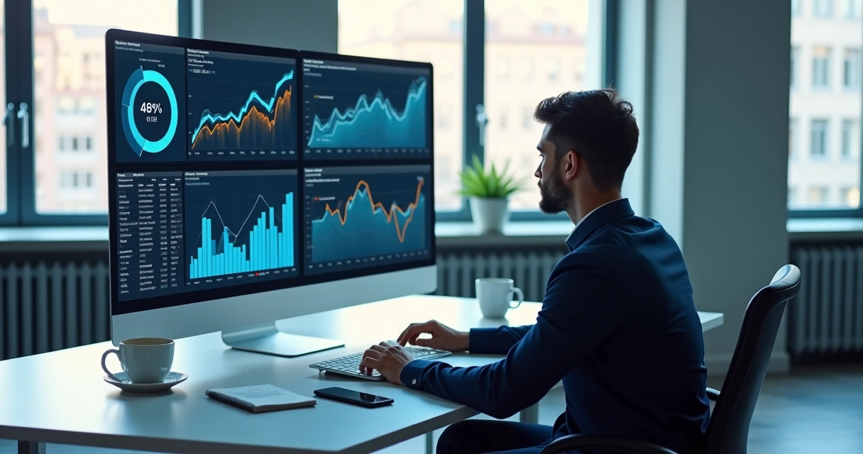 Gestor analisando gráficos e métricas em múltiplas telas de computador em ambiente de escritório moderno 