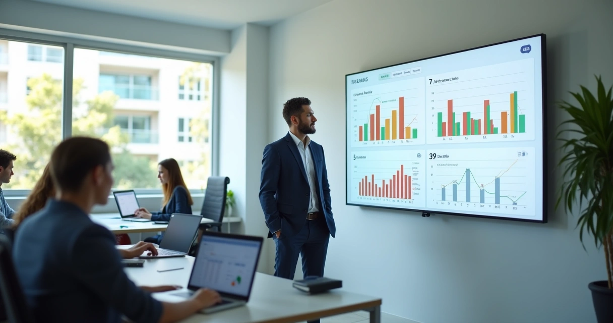 Gestor imobiliário monitora painel de SLA de atendimento ao lado de corretores 