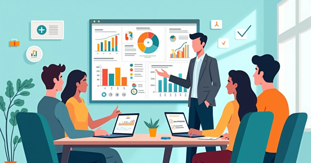 Gestor orientando jovens estagiários em escritório moderno com gráficos de desempenho 