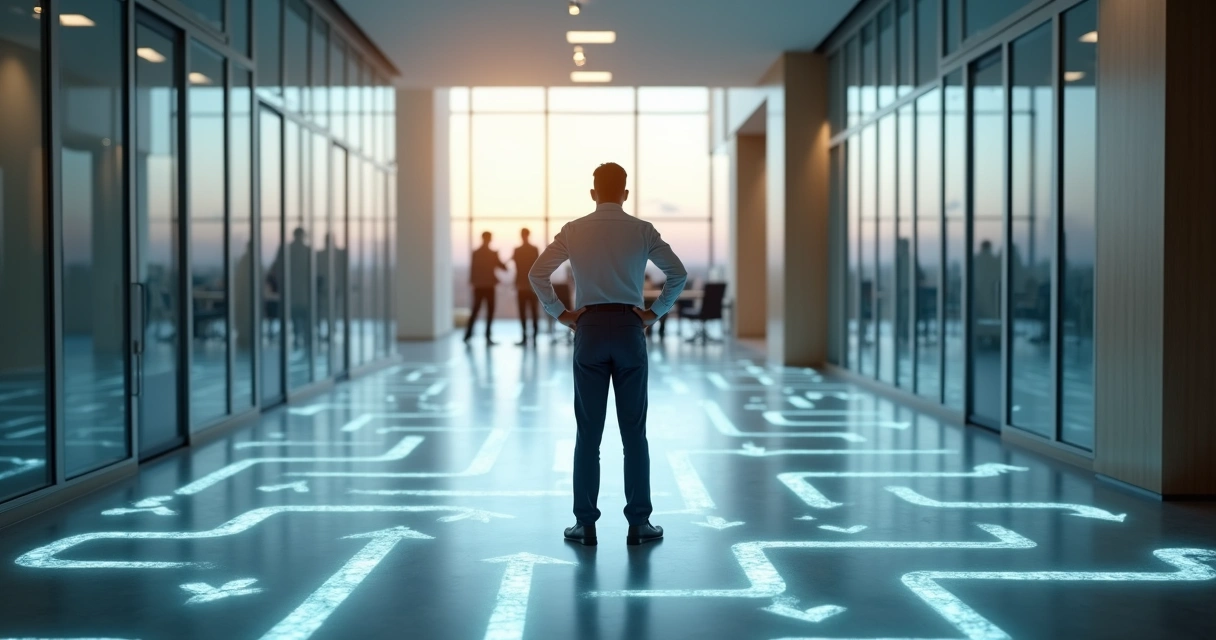 Gestor observando caminhos diferentes representando armadilhas emocionais na gestão de mudanças 