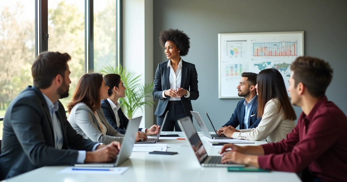 Mulher gestora liderando reunião com equipe diversificada em sala de escritório.