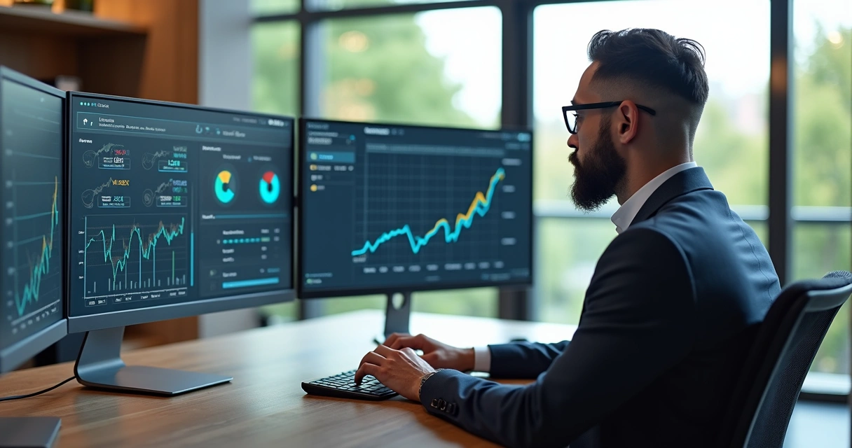 Pessoa analisando gráficos de estoque unificado em telas 