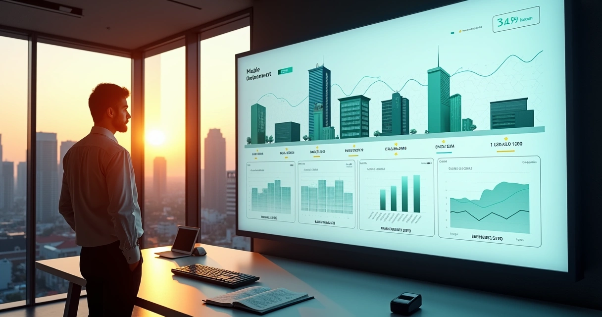 Gestor observa painel financeiro com várias empresas representadas por prédios diferentes 