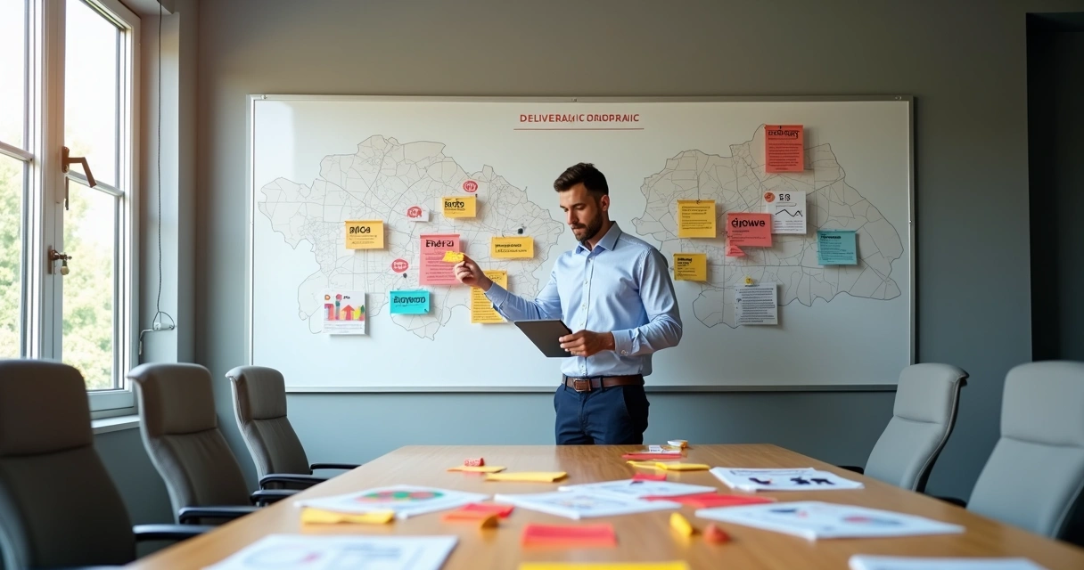 Gestor de delivery colocando ícones de várias marcas em um quadro de estratégia 
