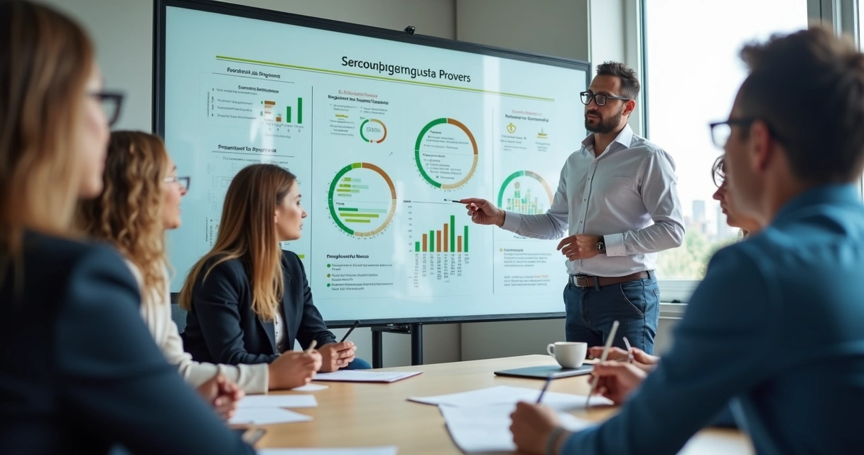 Gestor comercial orientando equipe em sala, quadro com metas e processos visível 