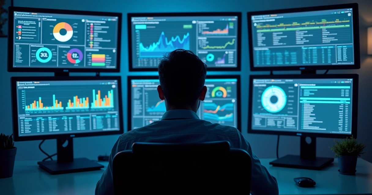 Gestor de TI observando vários monitores de cloud computing 