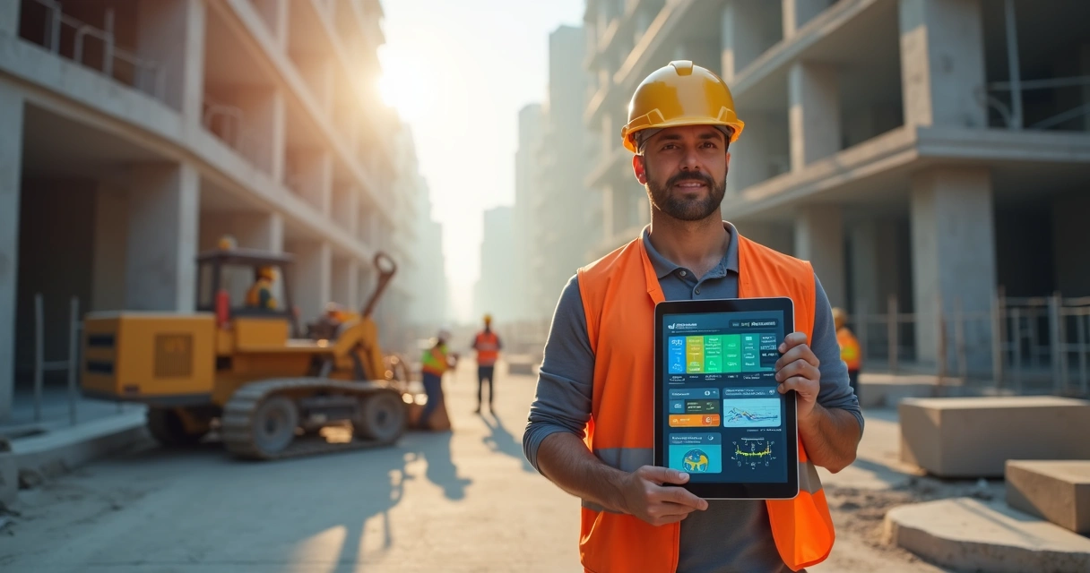Gestor de obra usando tablet com painel de IA 
