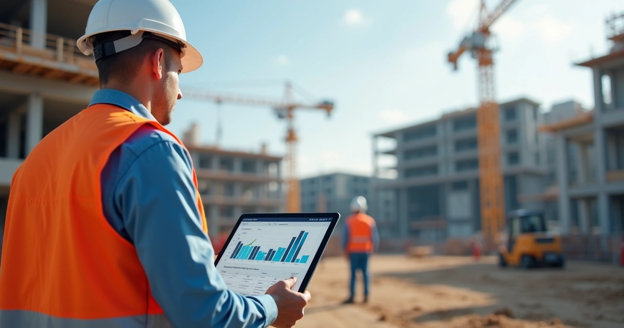 Gestor de obra usando tablet com dashboard digital na tela em canteiro de obras moderno 