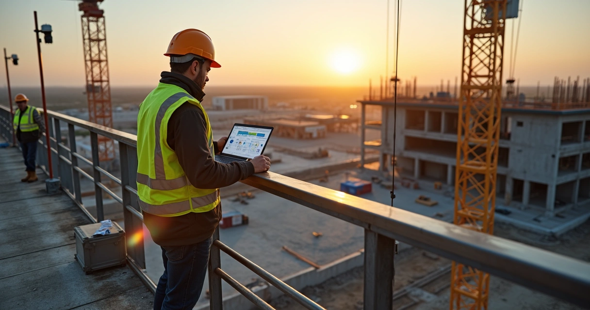 Gestor de obras em passarela elevada supervisionando canteiro com câmeras 4G 