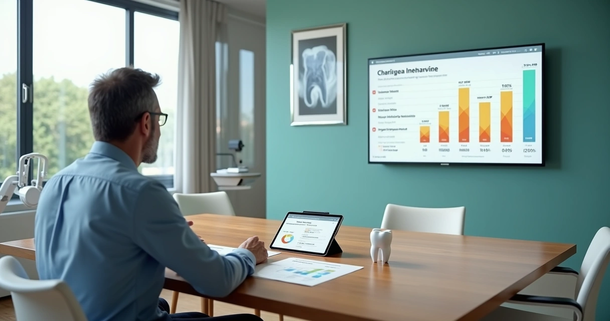Gestor de clínica odontológica analisando opções de marketing e custos em painel com gráficos 
